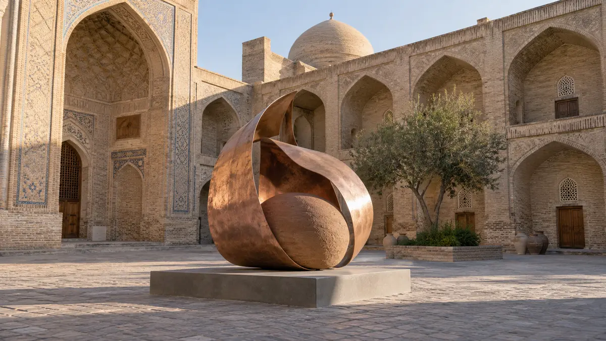 Contemporary sculpture in a Bukhara courtyard